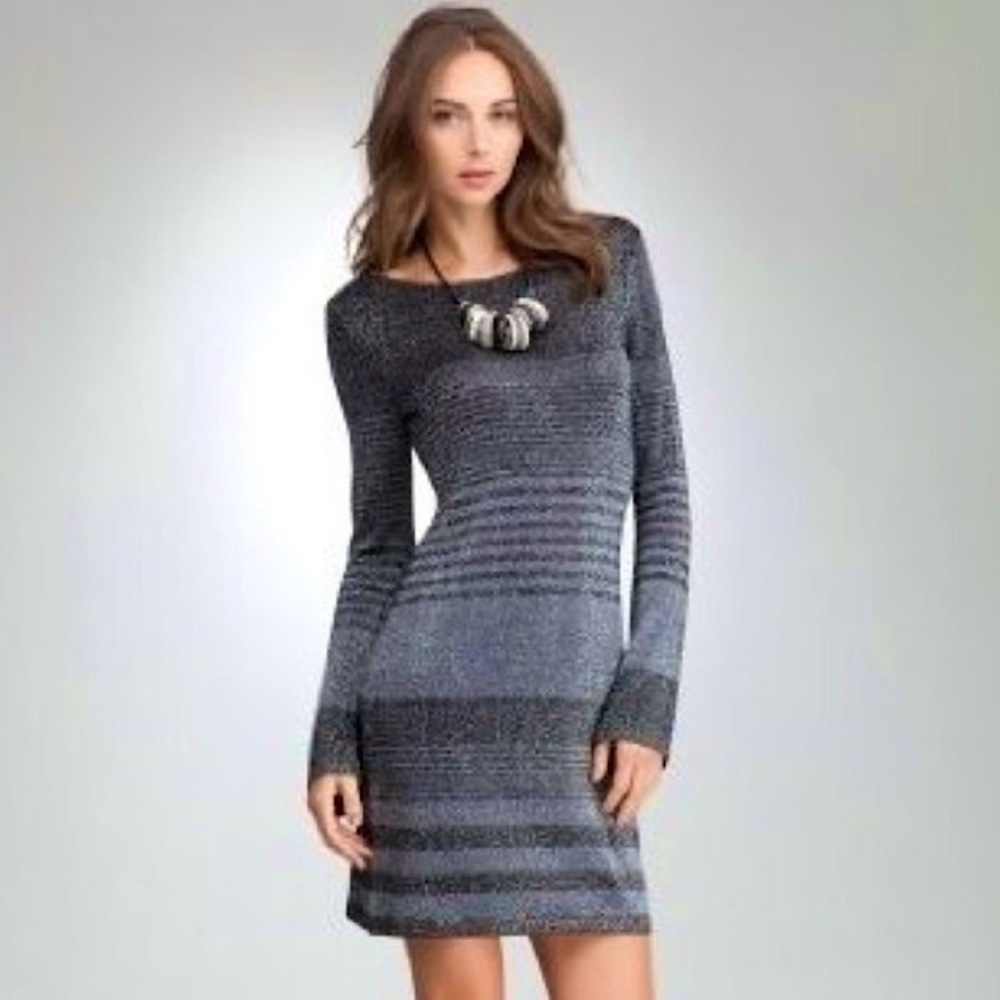 Bebe Vintage Sparkling Silver Long Sleeve Mini Dress